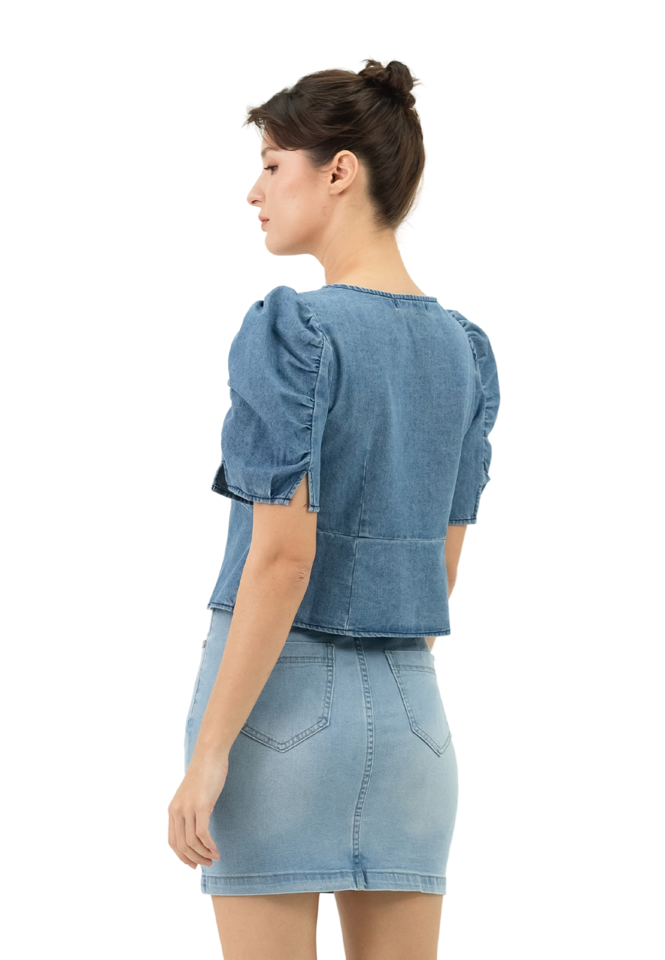 VOIR JEANS Denim Puff Sleeves Top