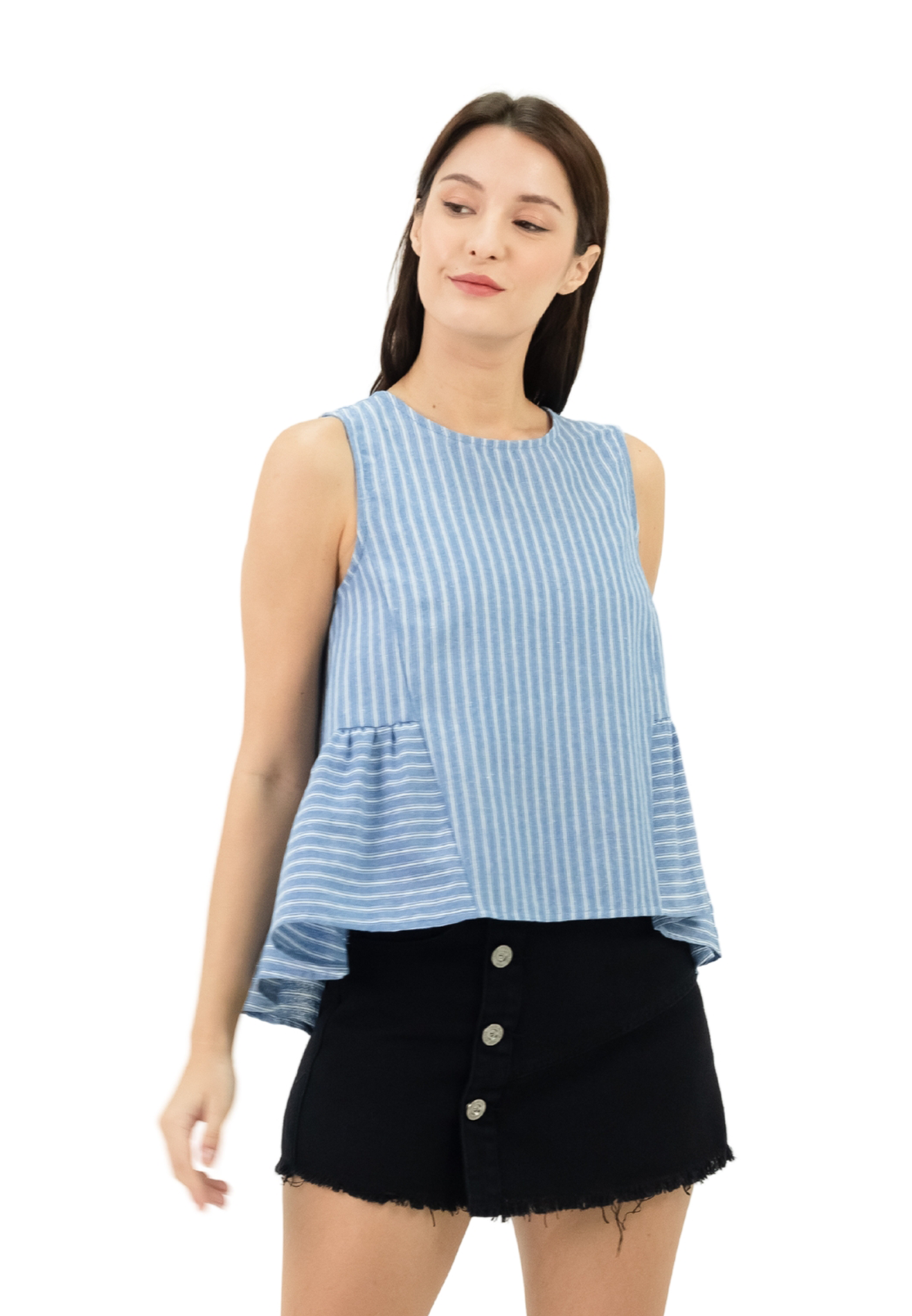 VOIR JEANS Striped Sleeveless Peplum Top