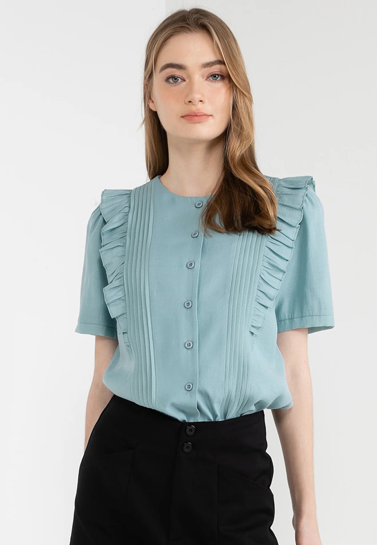 ELLE Apparel Ruffle Details Button Up Top