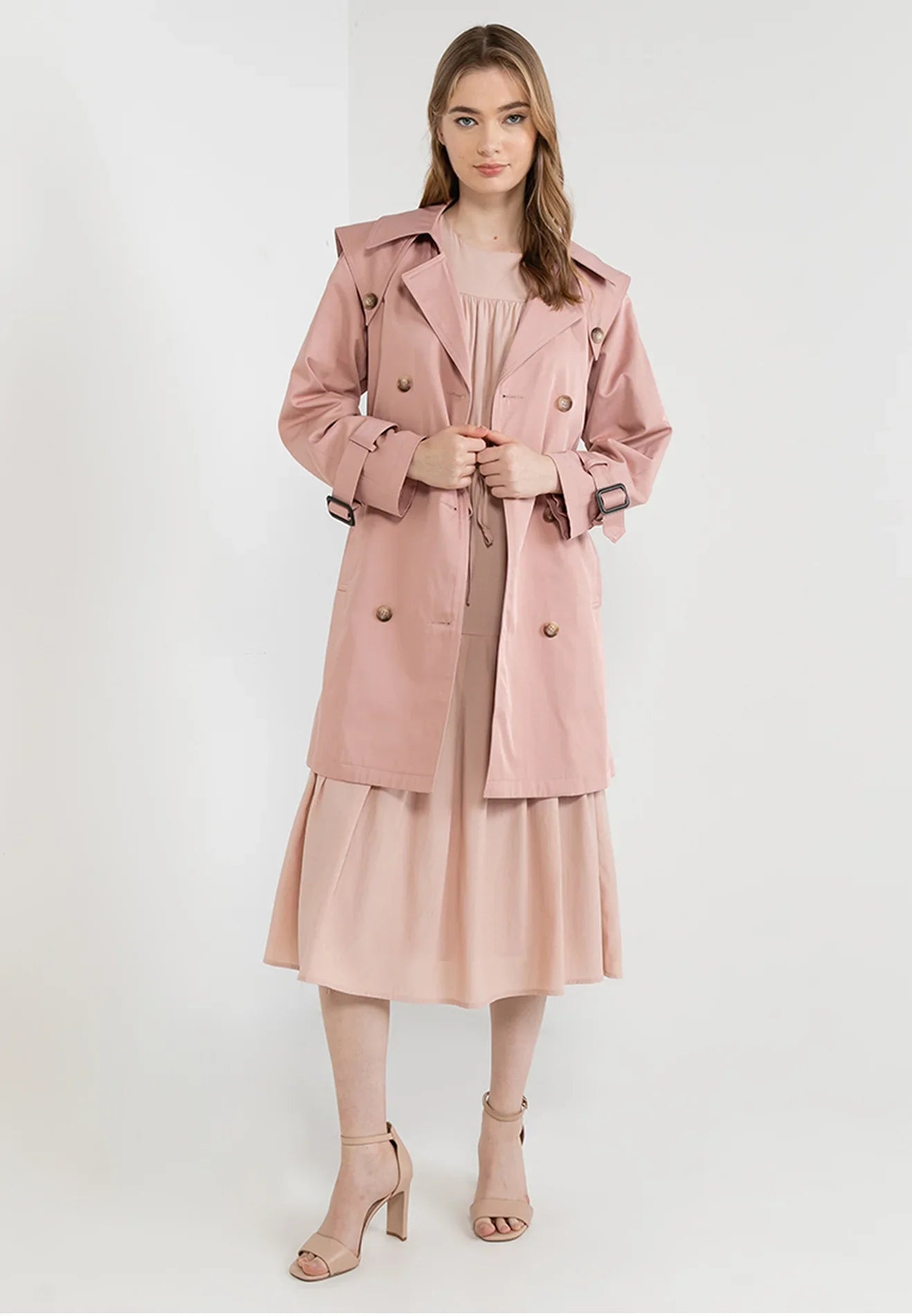 Double breasted sales belted trench coat