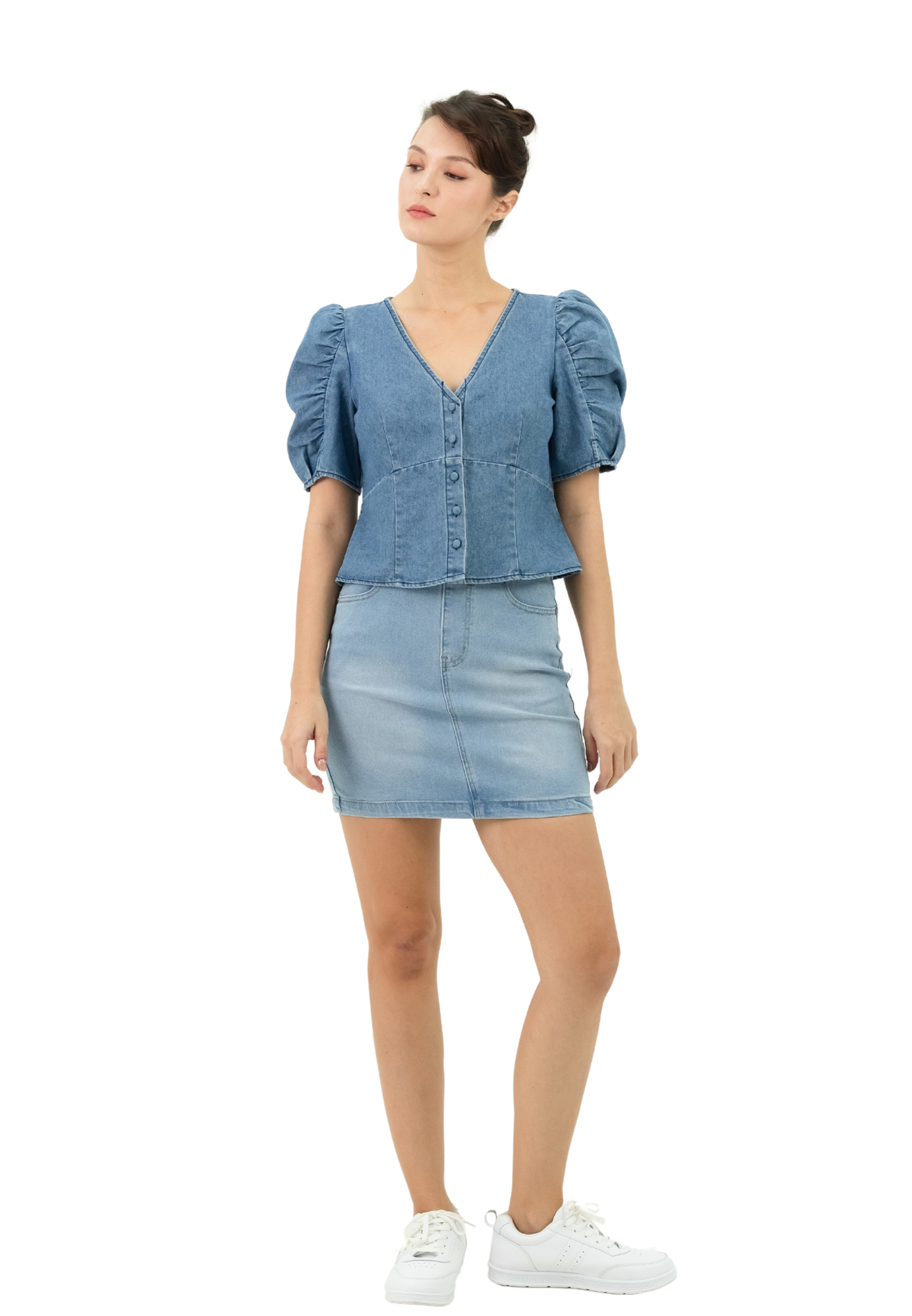 VOIR JEANS Denim Puff Sleeves Top