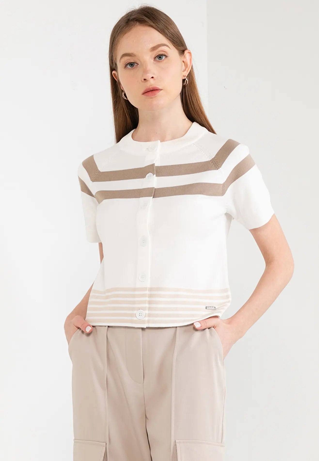 ELLE Apparel Striped Pattern Button Up Knit Top
