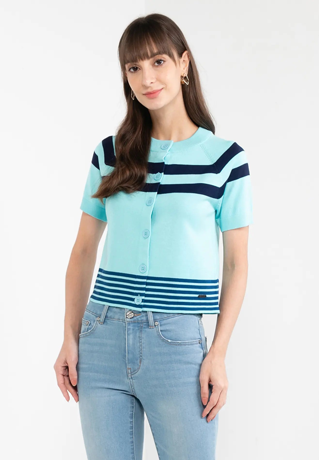 ELLE Apparel Striped Pattern Button Up Knit Top