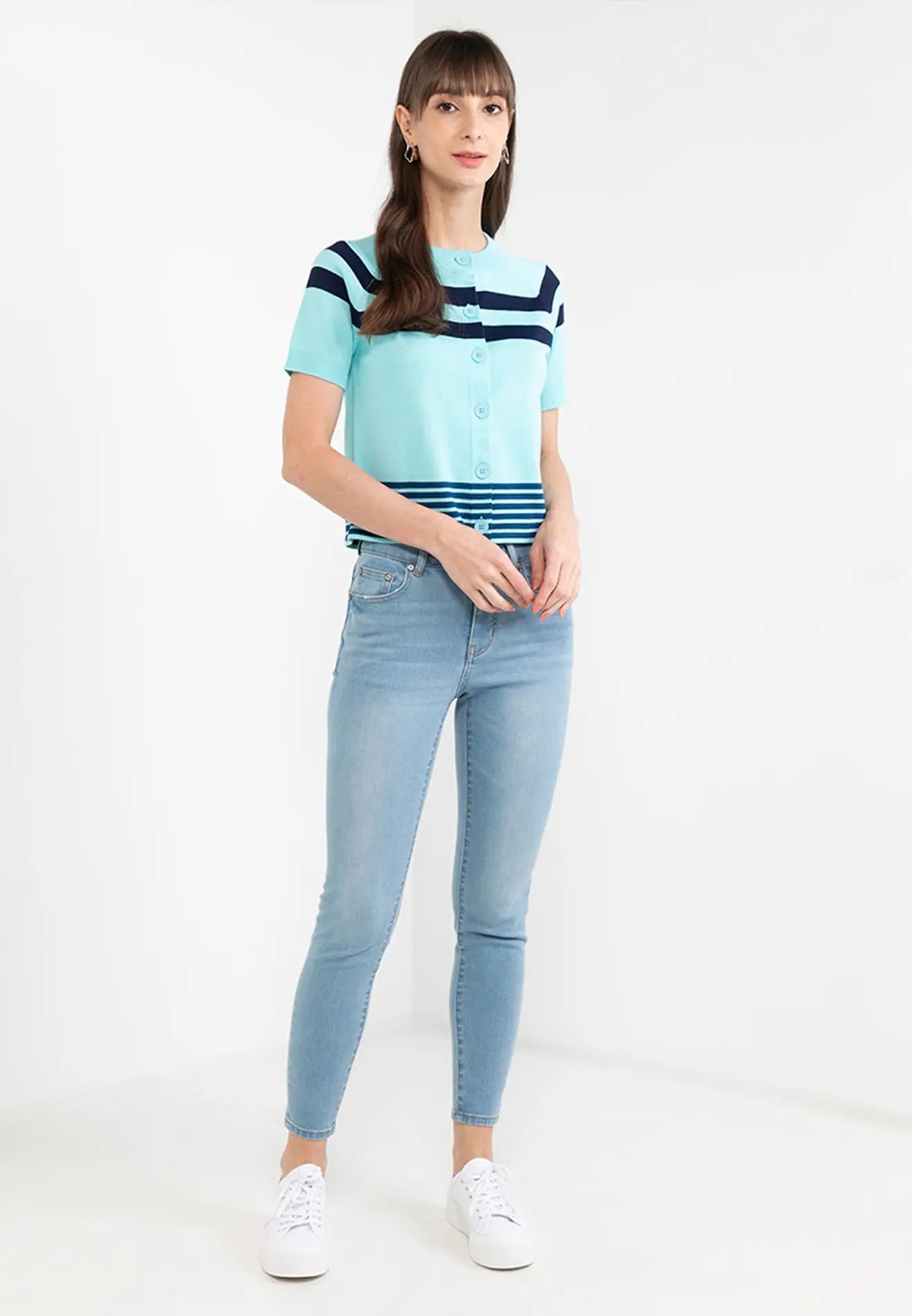 ELLE Apparel Striped Pattern Button Up Knit Top