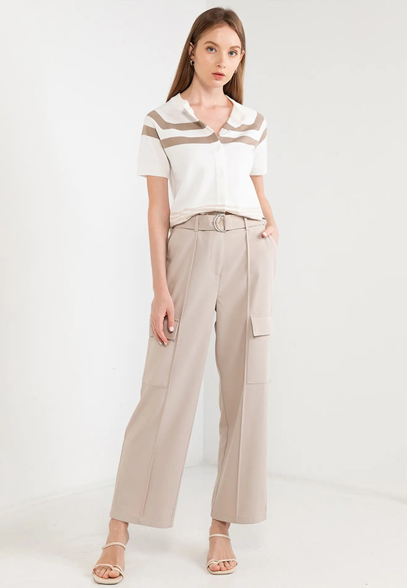 ELLE Apparel Striped Pattern Button Up Knit Top