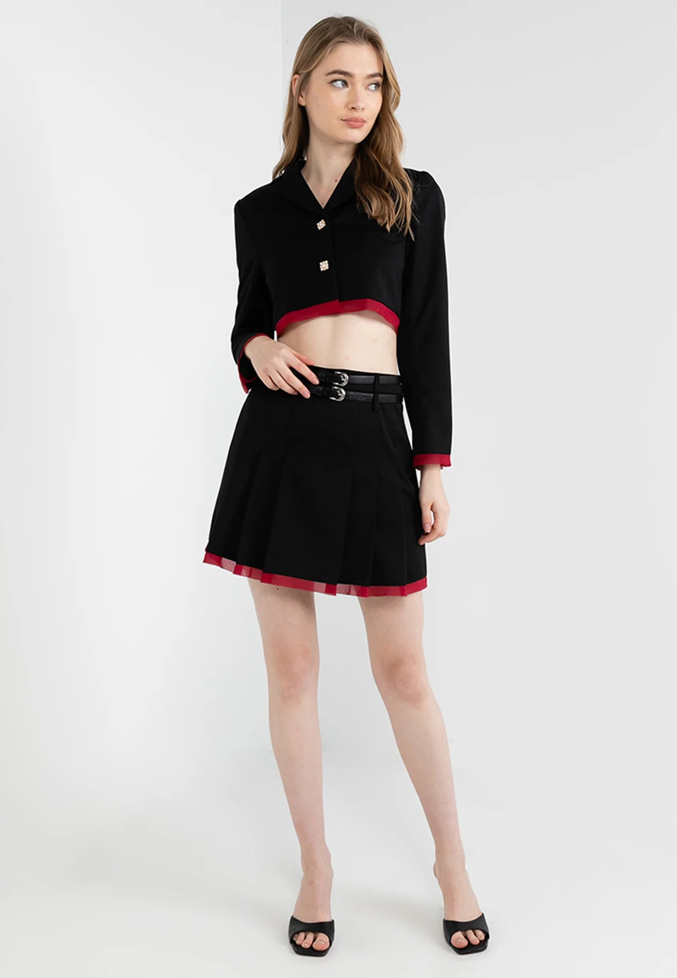 ELLE Apparel Double Belted Pleated Mini Skirt