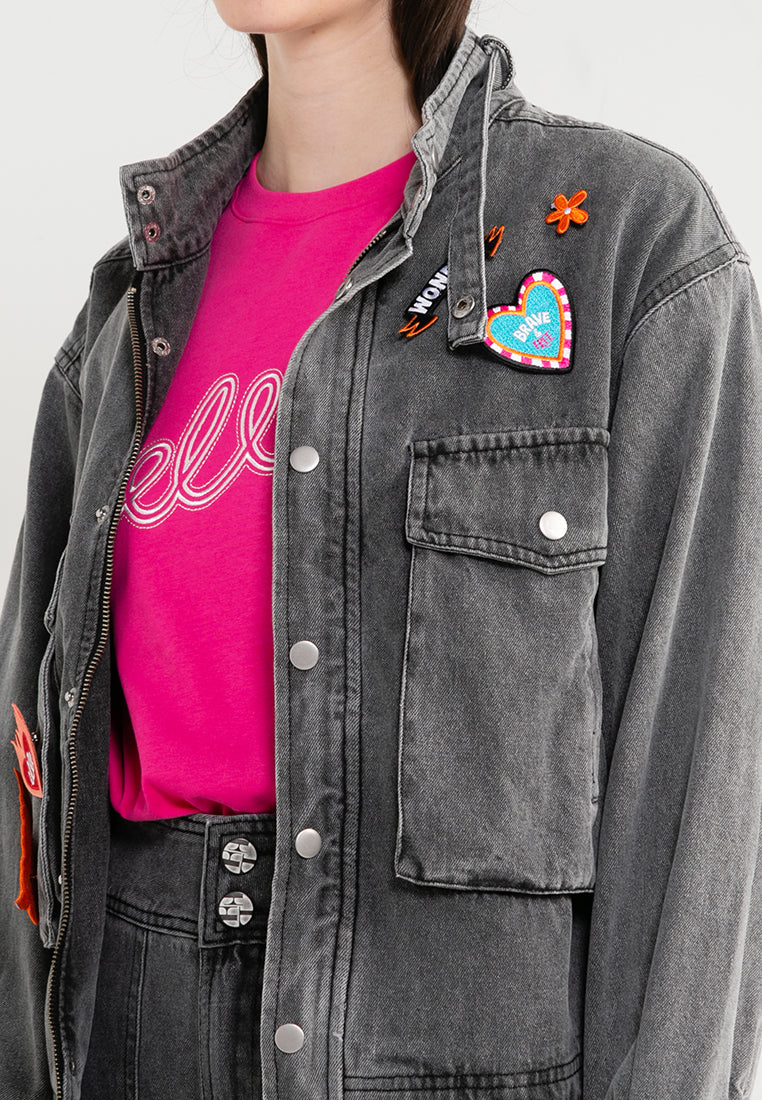 ELLE Leisure The Wonder Collection: Zip Button Denim Jacket with Badge
