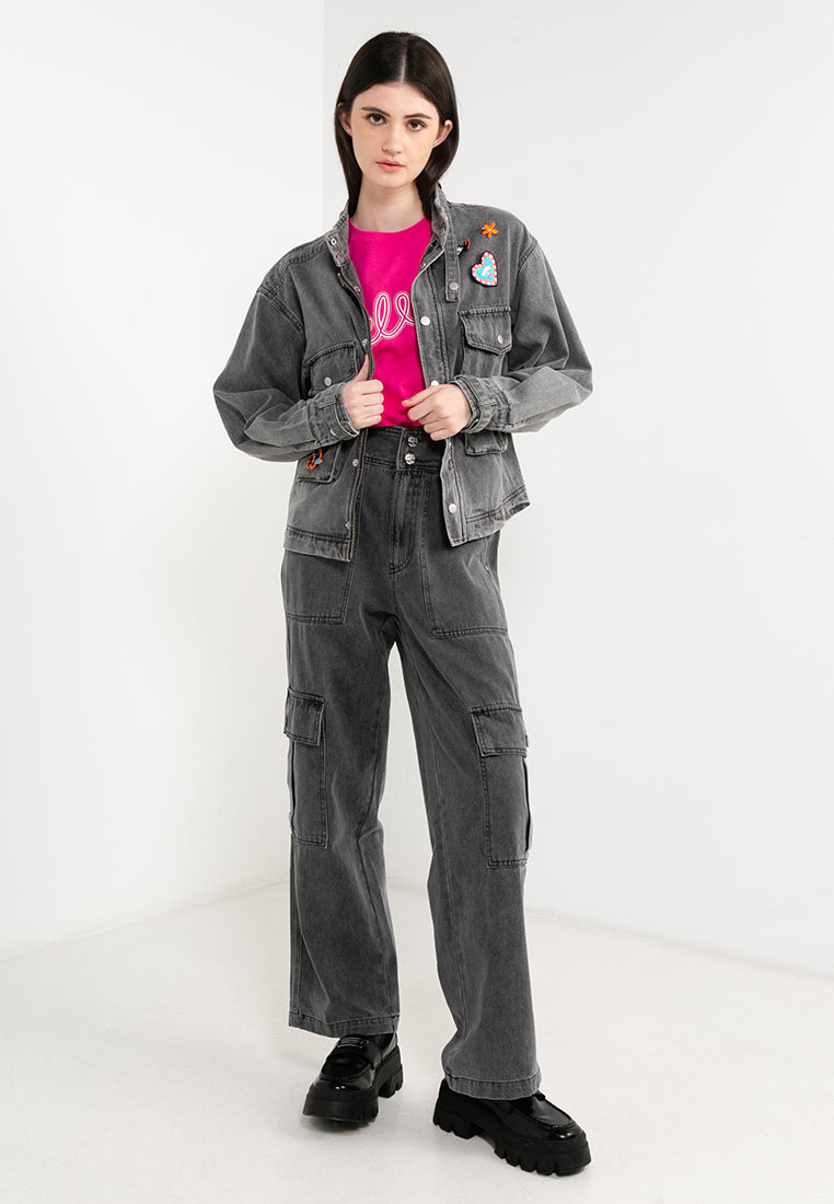 ELLE Leisure The Wonder Collection: Zip Button Denim Jacket with Badge