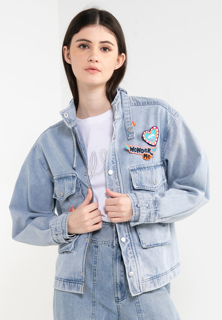 ELLE Leisure The Wonder Collection: Zip Button Denim Jacket with Badge