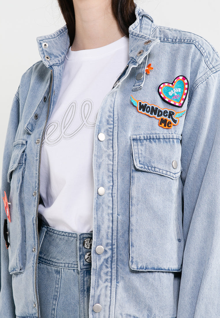 ELLE Leisure The Wonder Collection: Zip Button Denim Jacket with Badge