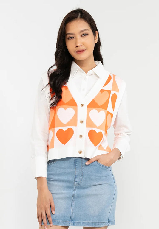 VOIR JEANS Love Vibes Collection : Heart Shape Button & Checkered Knit Cardigan