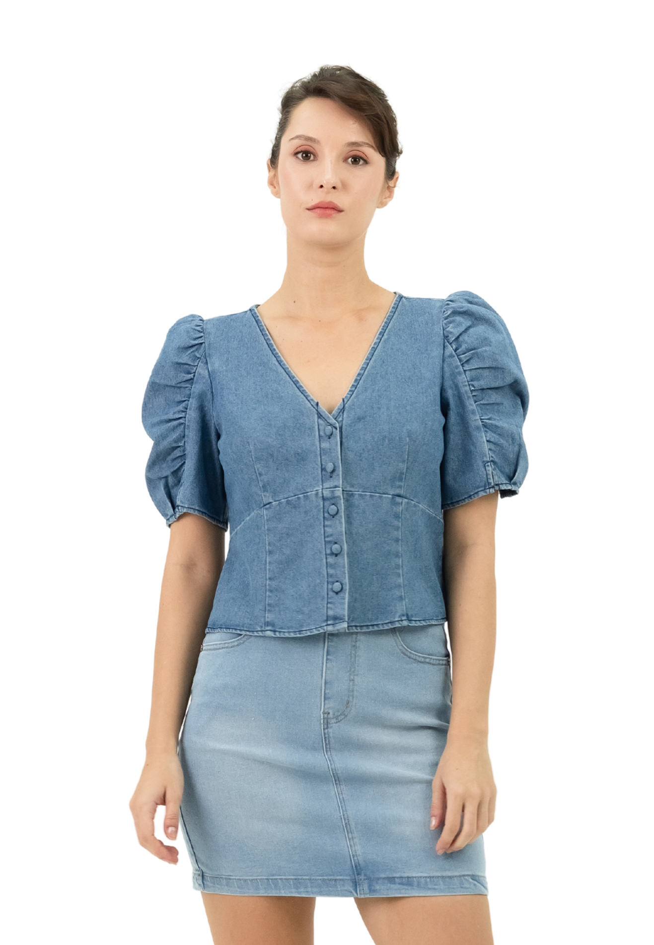VOIR JEANS Denim Puff Sleeves Top