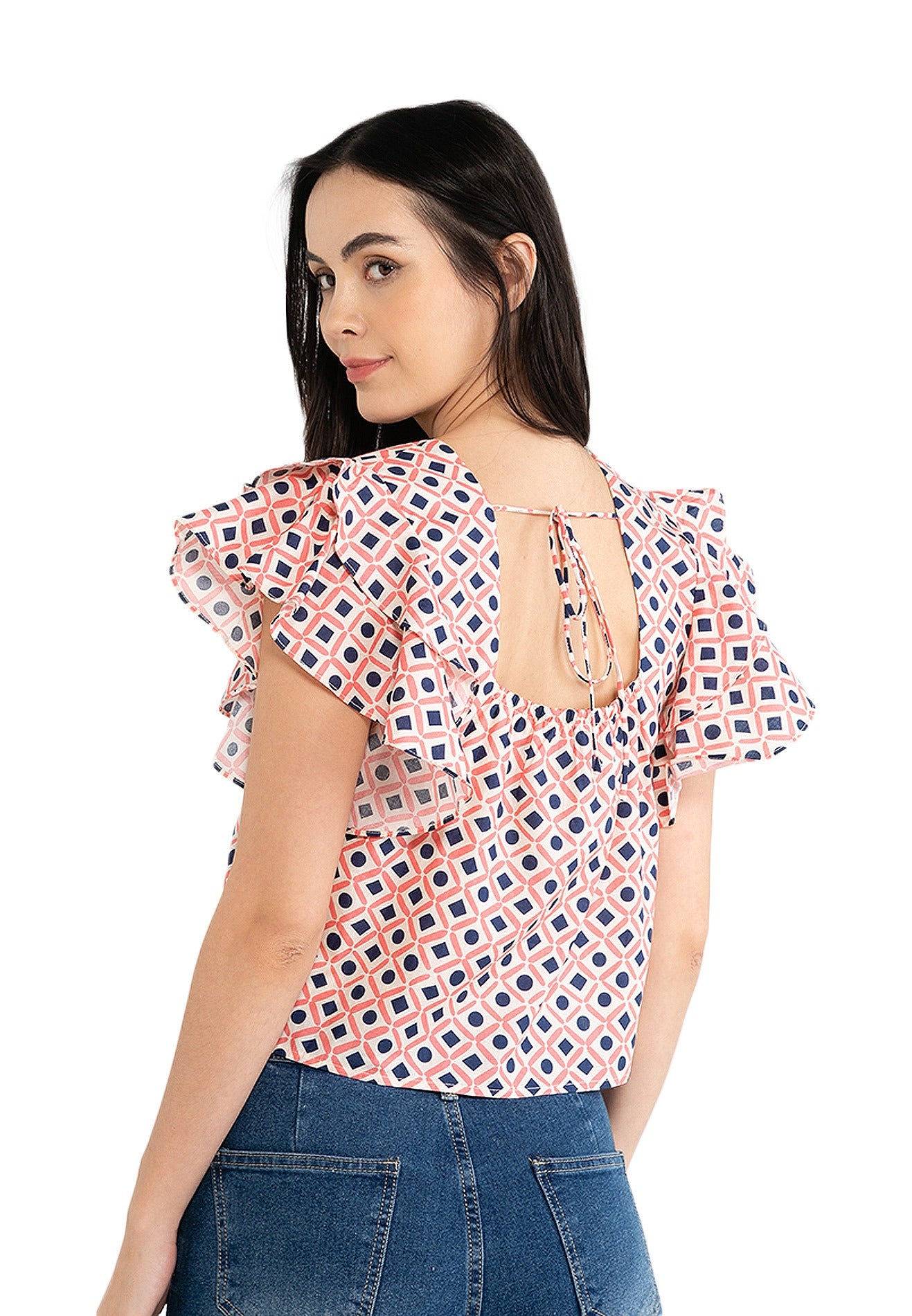 VOIR JEANS Geometric Print Ruffle Sleeves Crop Top