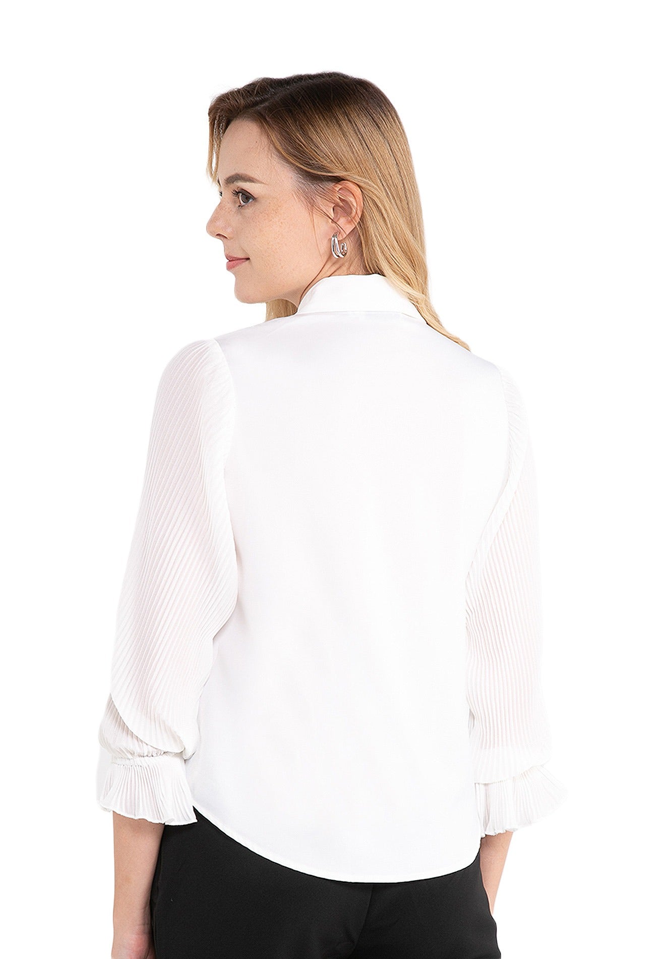 ELLE Apparel Trumpet Sleeve Pleated Chiffon Blouse