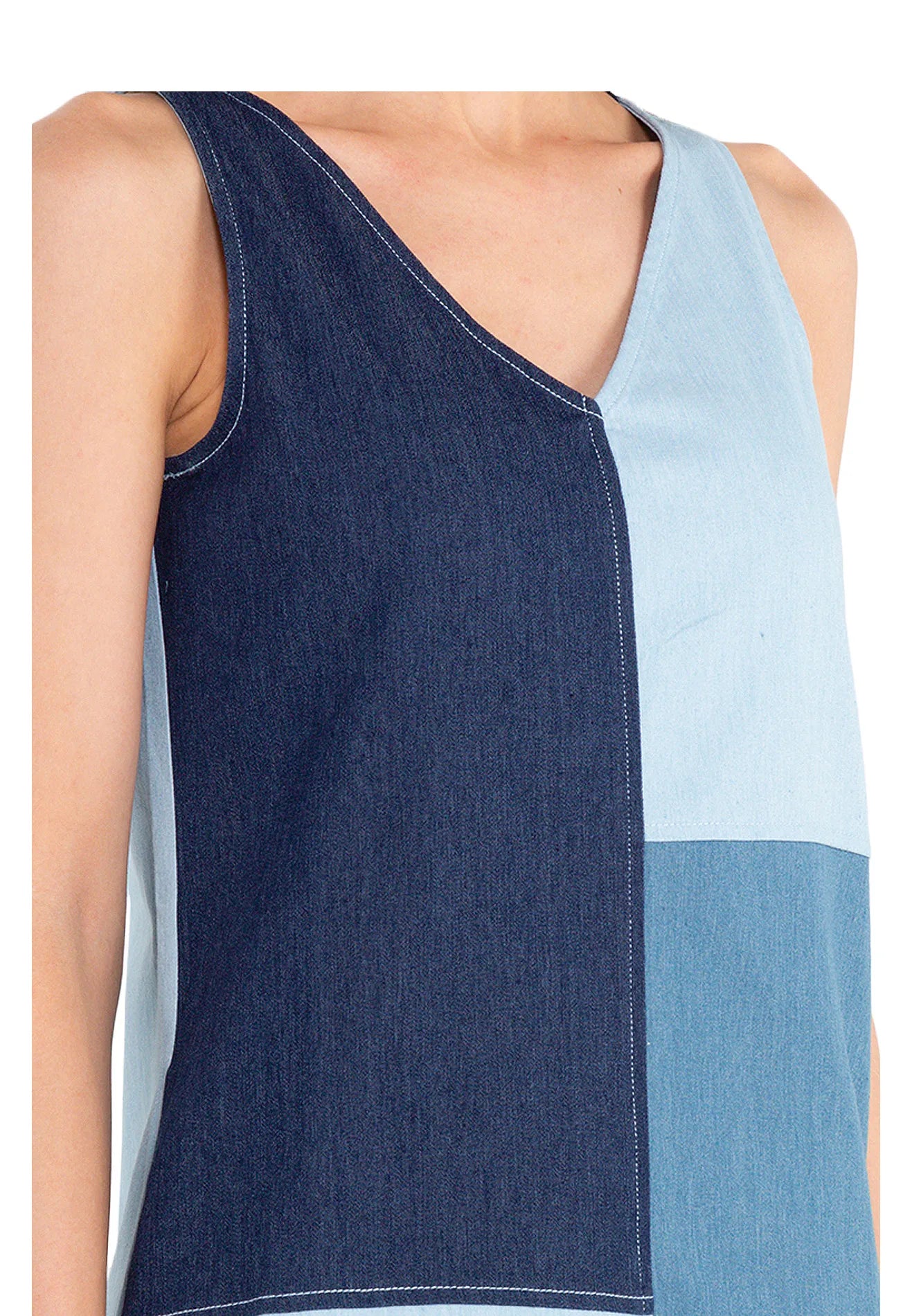 ELLE Apparel V-Neck Color Block Denim Mini Dress