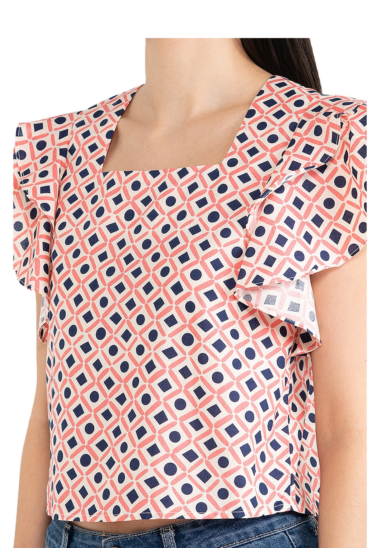 VOIR JEANS Geometric Print Ruffle Sleeves Crop Top