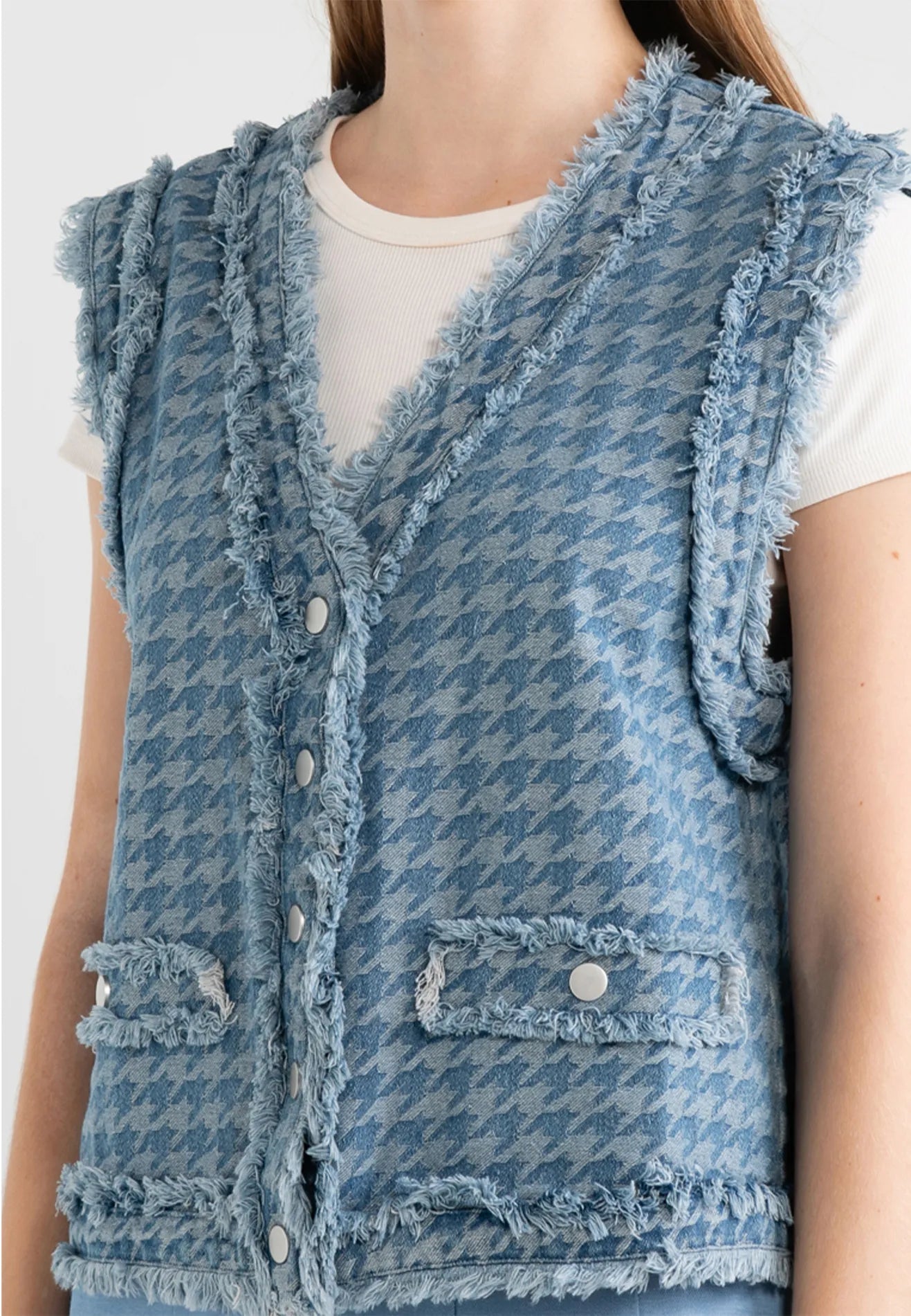 Houndstooth Ripped Fringe Denim Vest