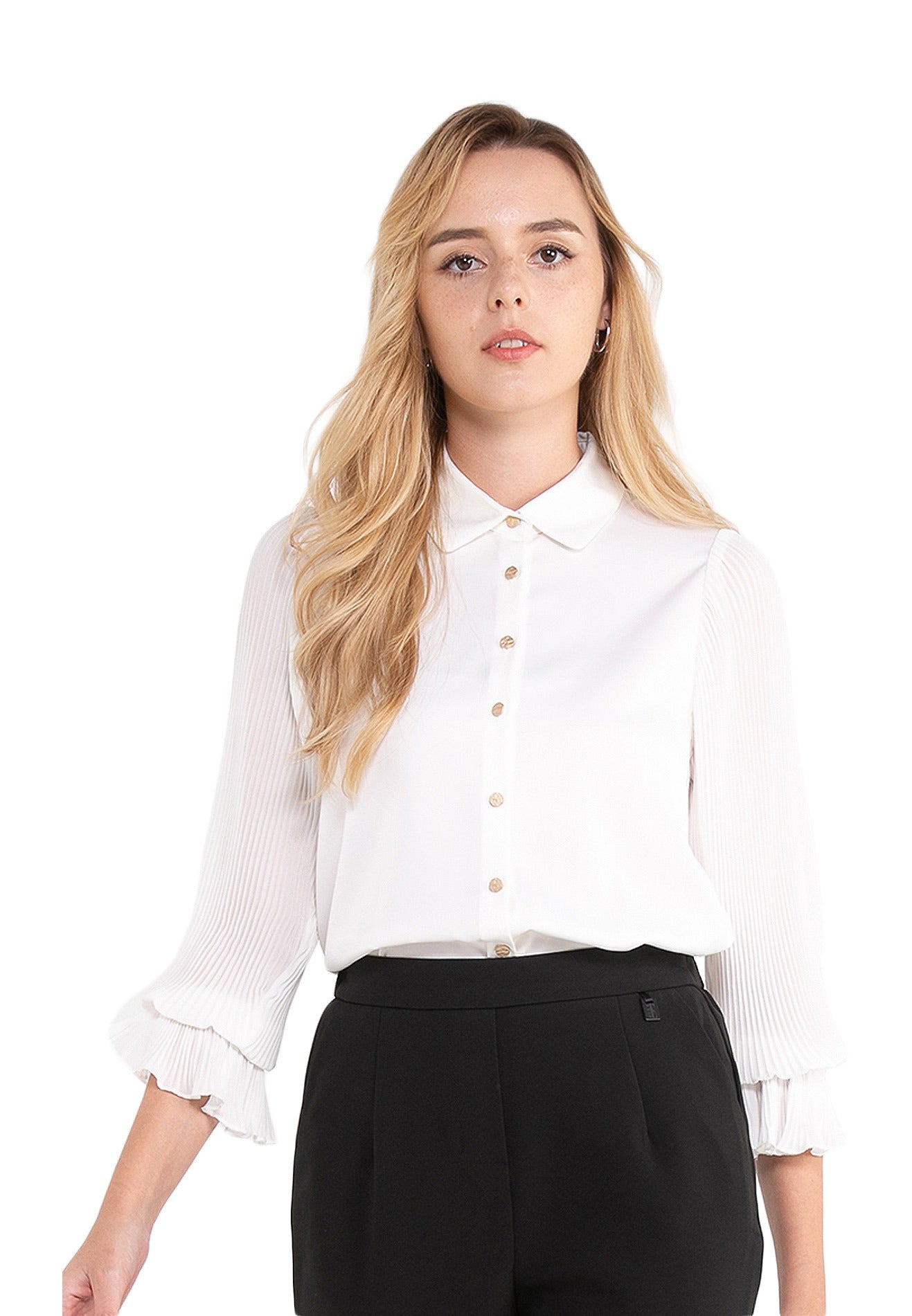ELLE Apparel Trumpet Sleeve Pleated Chiffon Blouse