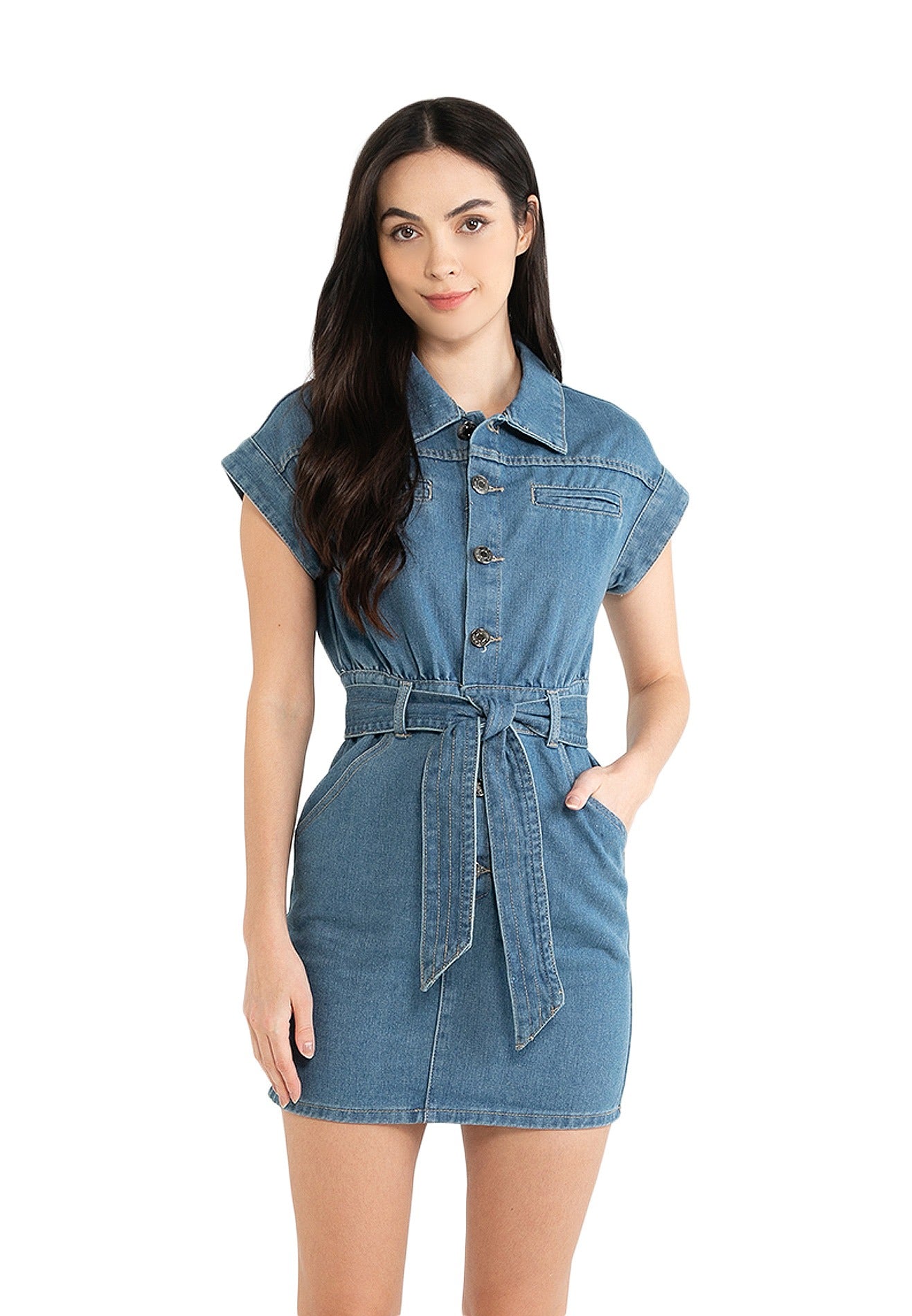 VOIR JEANS Button Down Belted Shirt Denim Dress