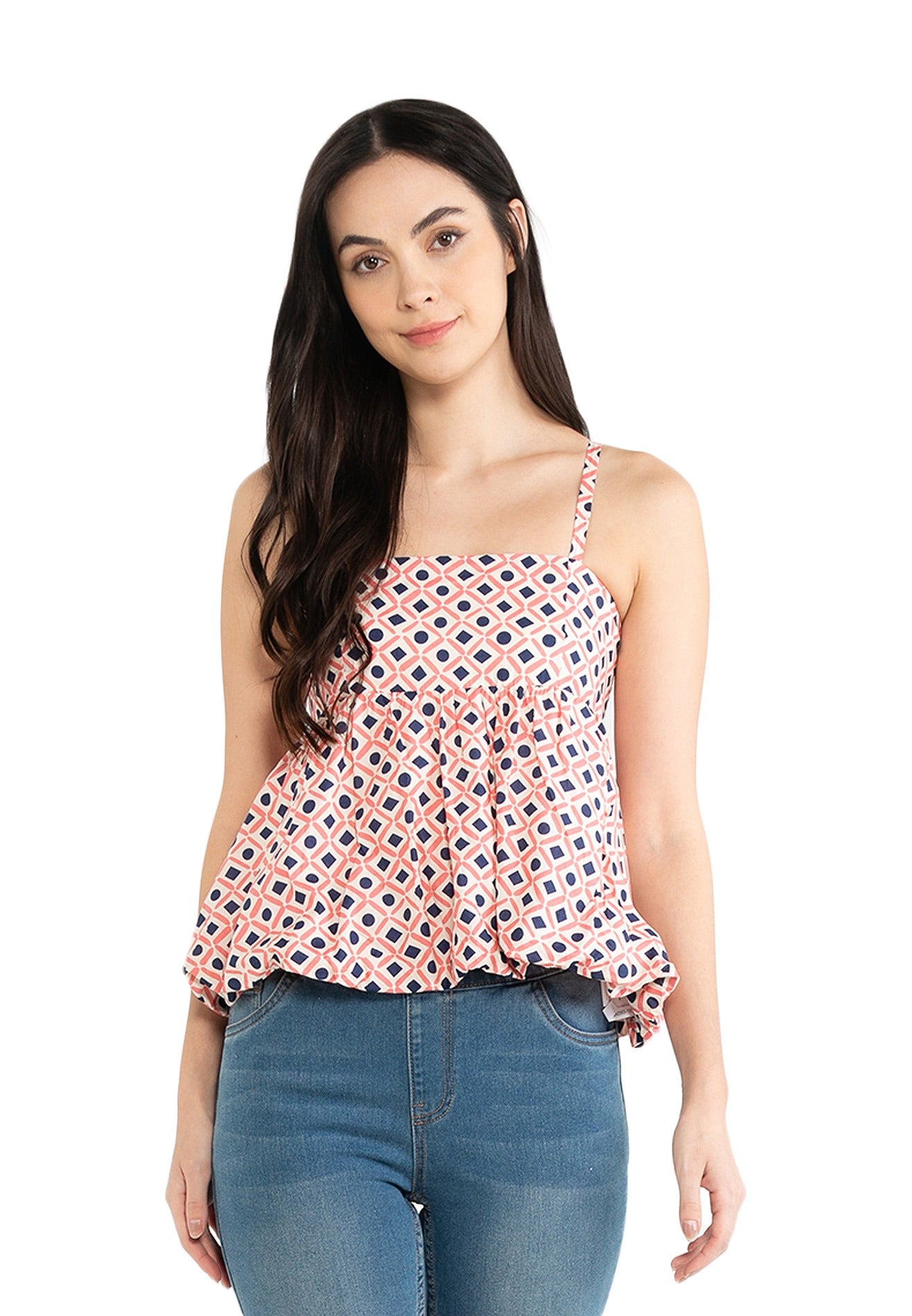 VOIR JEANS Geometric Print Sleeveless Puffy Hemline Top