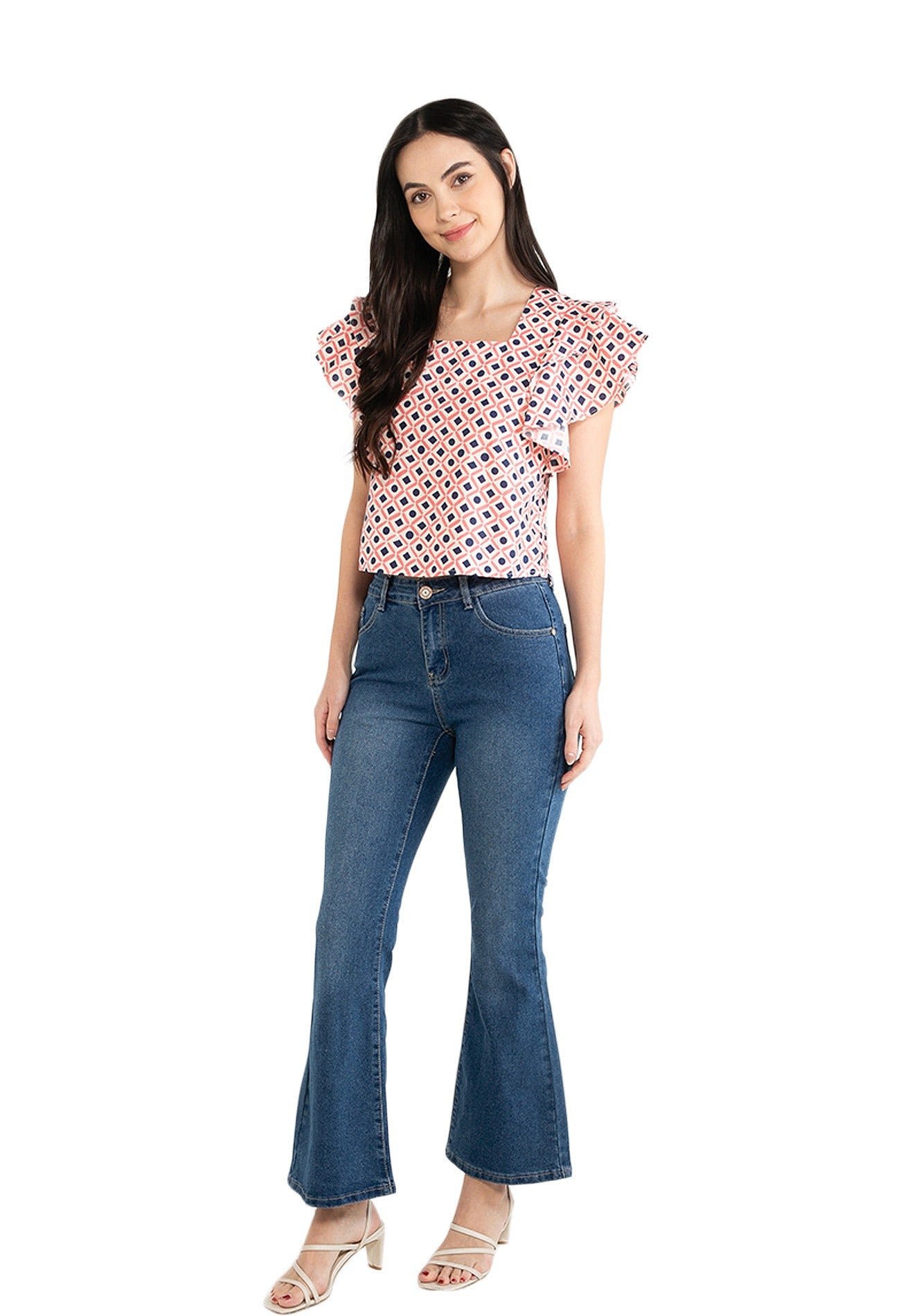 VOIR JEANS Geometric Print Ruffle Sleeves Crop Top