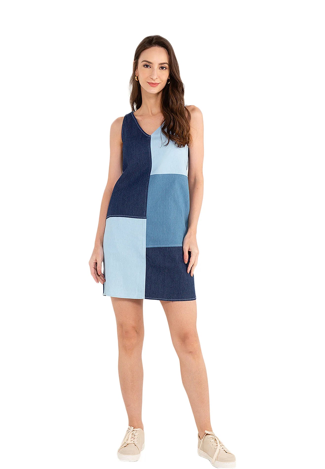 ELLE Apparel V-Neck Color Block Denim Mini Dress