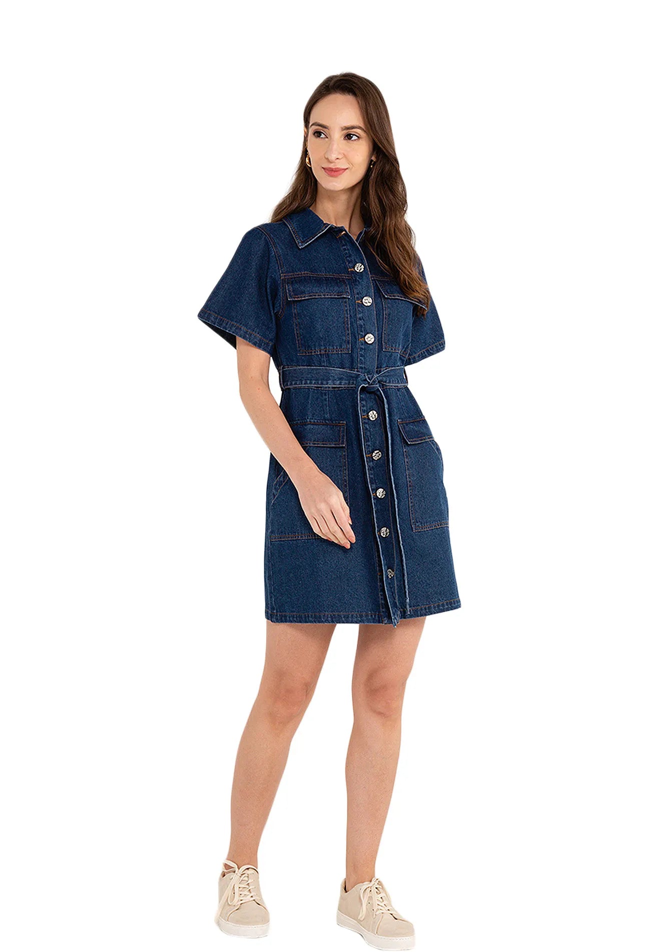 ELLE Apparel Denim Belted Dress