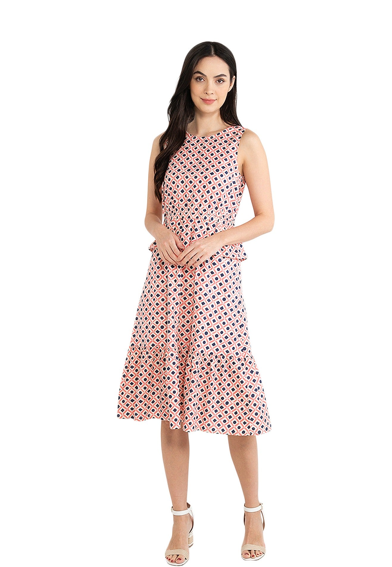 VOIR JEANS Geo Print Sleeveless Tiered Dress