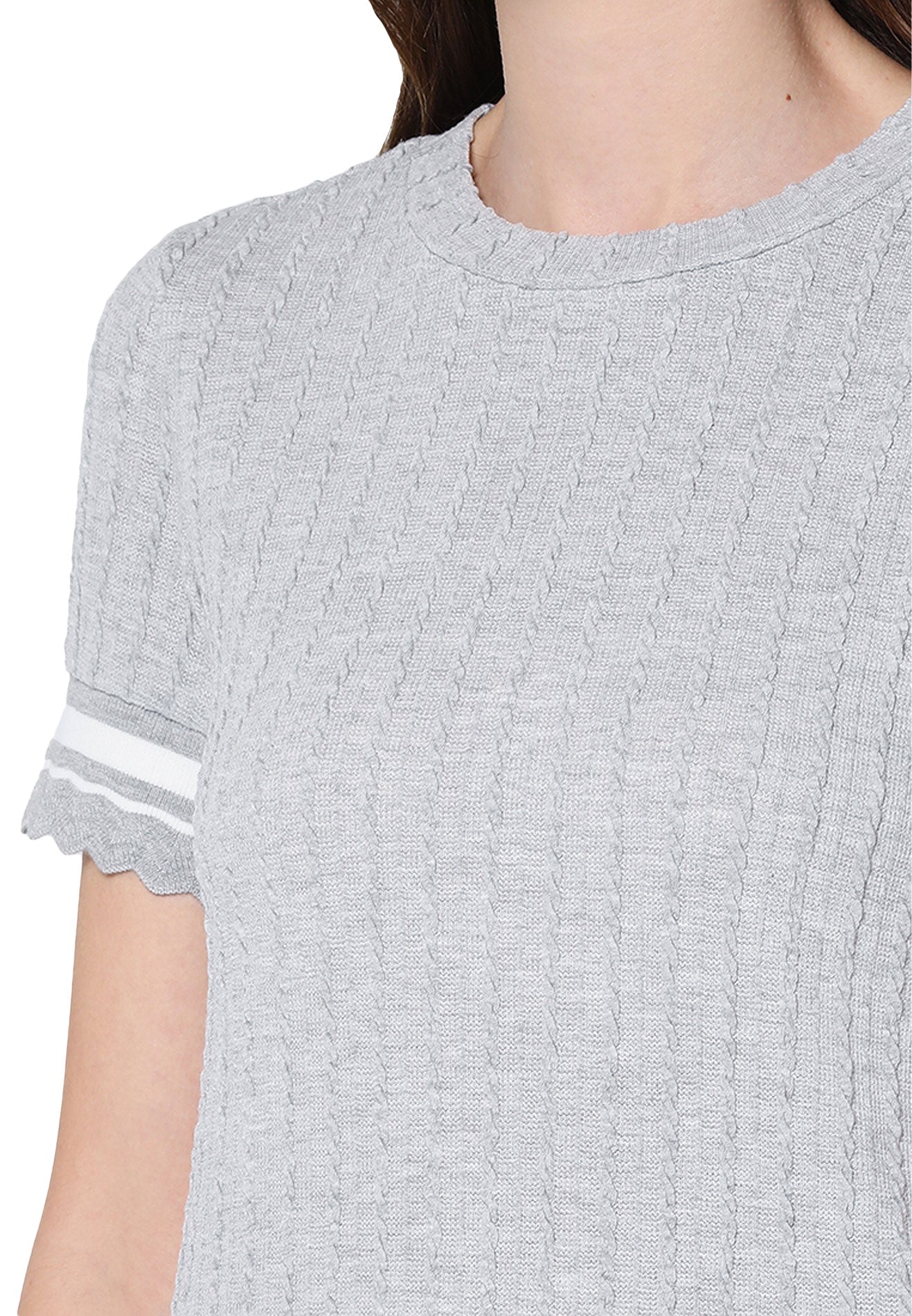 VOIR JEANS Ribbed Knit Top with Contrast White Piping Top
