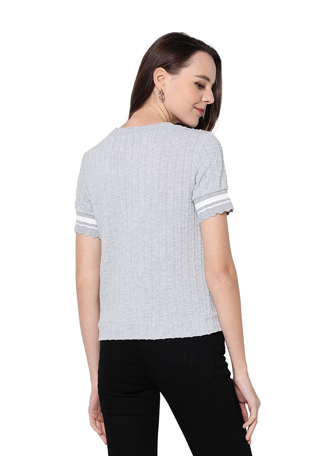 VOIR JEANS Ribbed Knit Top with Contrast White Piping Top