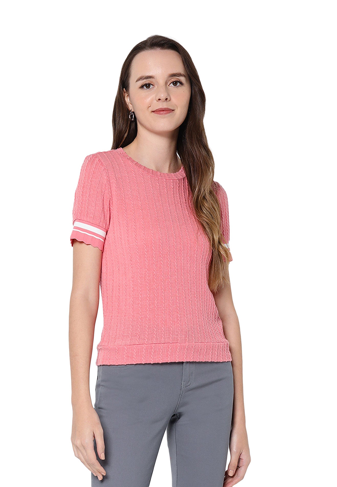 VOIR JEANS Ribbed Knit Top with Contrast White Piping Top