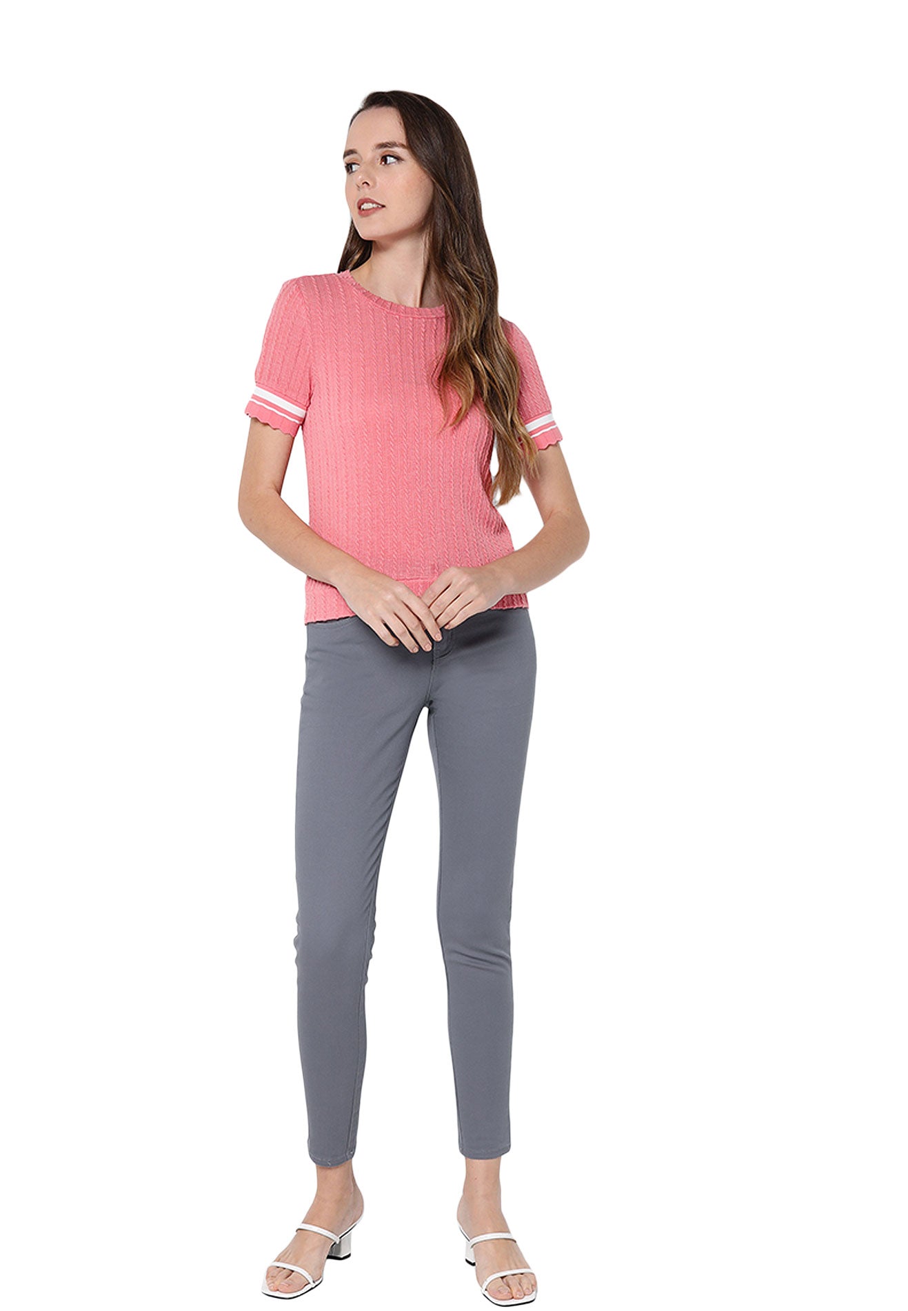 VOIR JEANS Ribbed Knit Top with Contrast White Piping Top