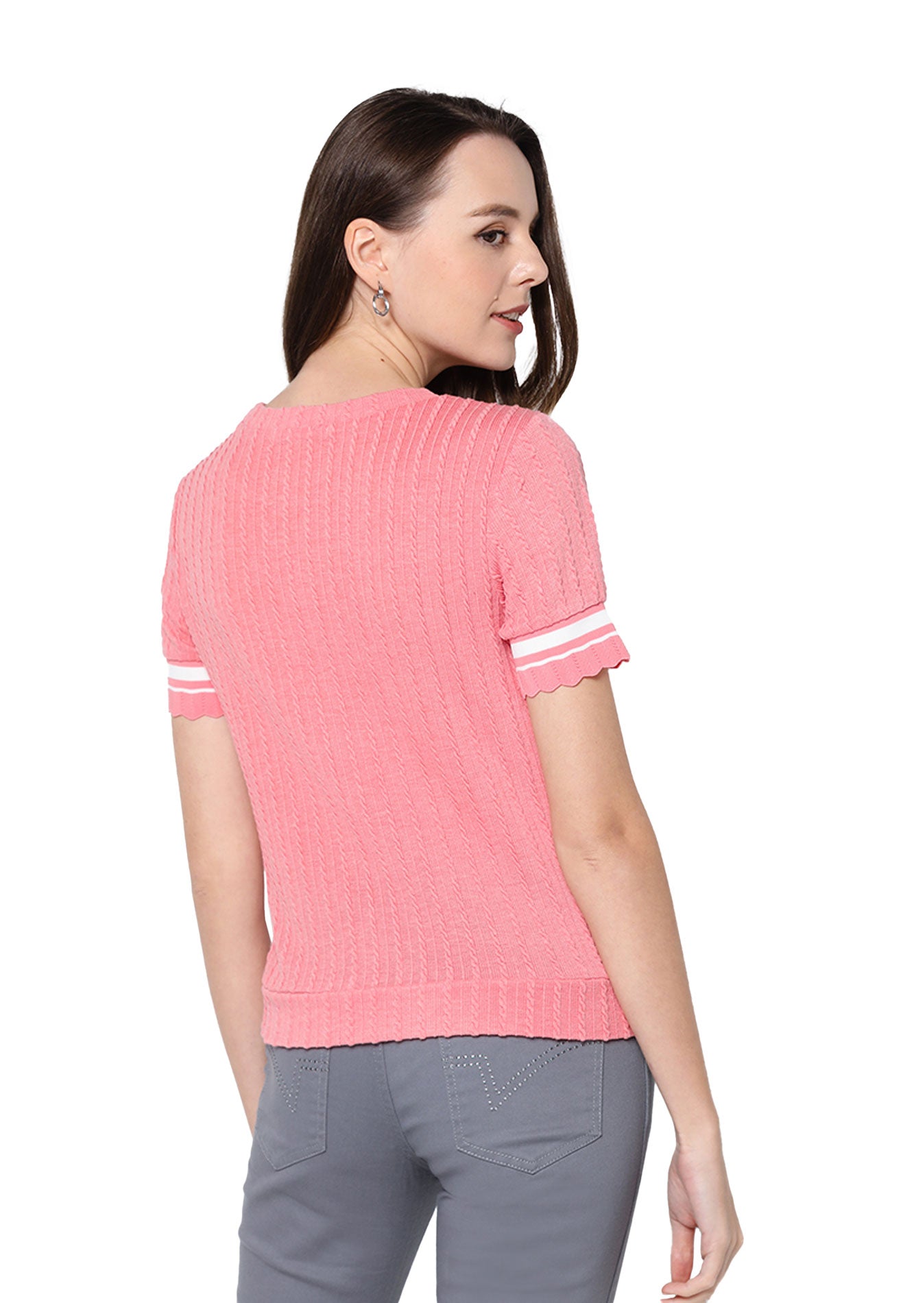 VOIR JEANS Ribbed Knit Top with Contrast White Piping Top