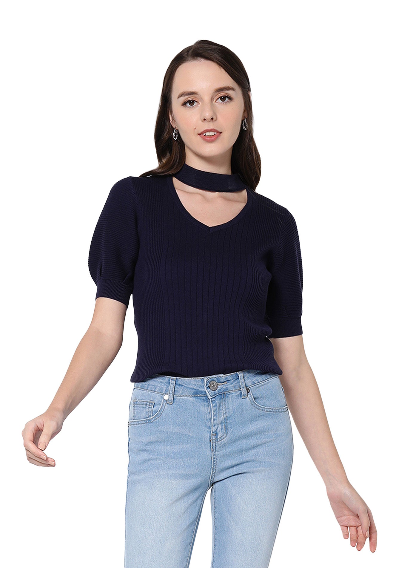 VOIR JEANS Keyhole Puff Sleeves Knit Top