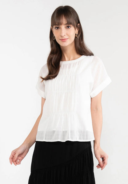 ELLE Apparel Round Neck Ruched Blouse
