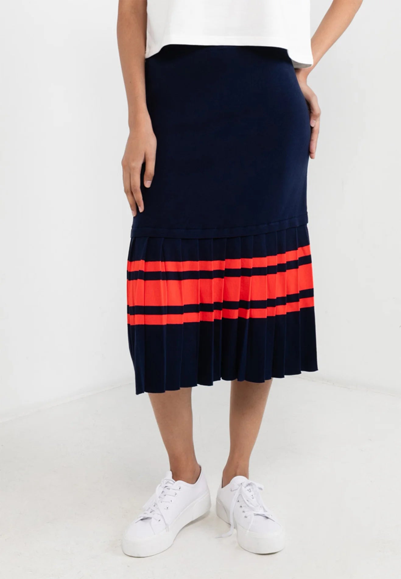 VOIR JEANS Striped Pleated Midi Skirt
