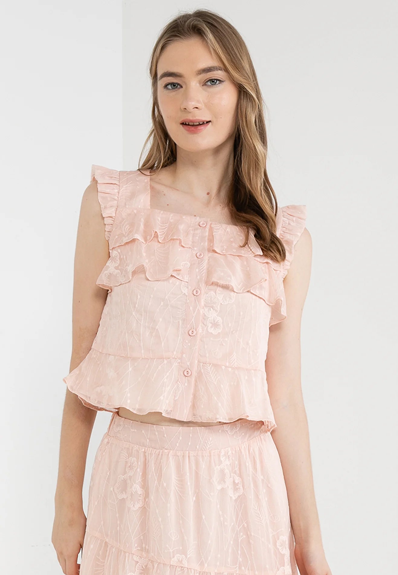 ELLE Apparel Blossom Printed Lace Ruffle Sleeves Tops