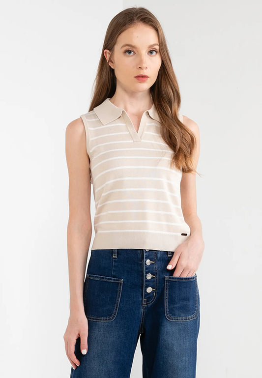ELLE Apparel Collar Sleeveless Striped Knitted Top