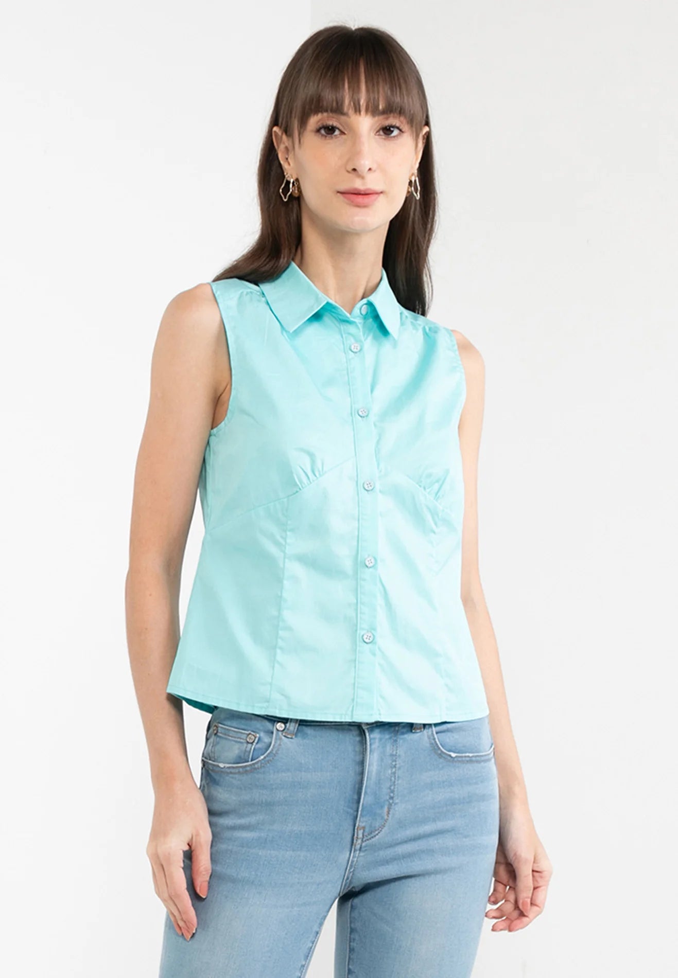 ELLE Apparel Sleeveless Collar Button Up Shirt