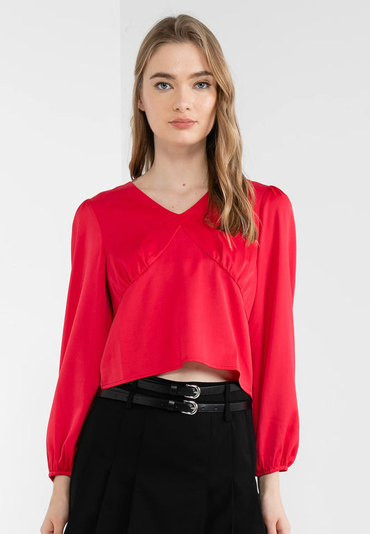 ELLE Apparel Floral Back Button Up Satin Blouse