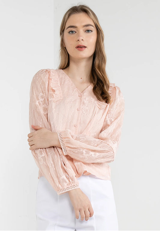 ELLE Apparel Blossom Lace Long Sleeves Button Blouse