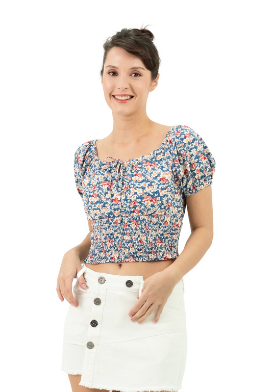 VOIR JEANS Floral Shirred Puff Sleeves Top