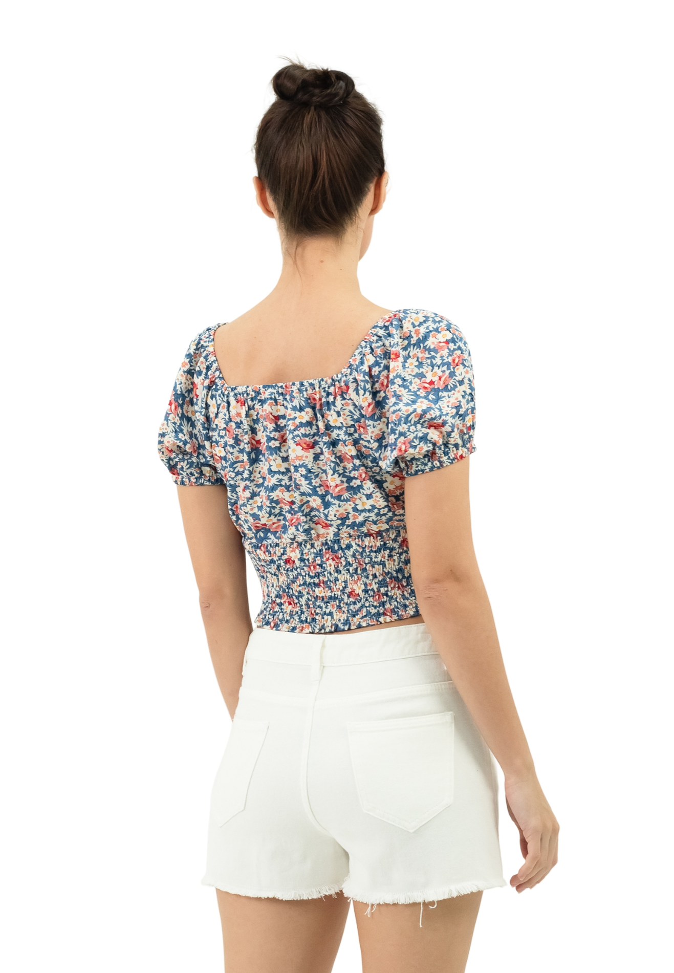 VOIR JEANS Floral Shirred Puff Sleeves Top