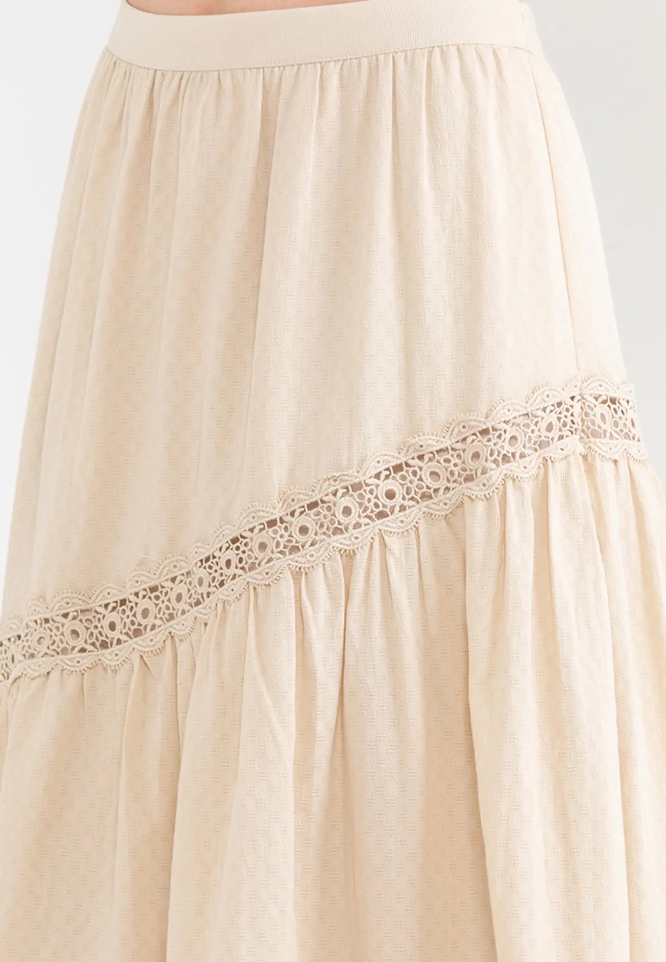ELLE Apparel Elastic Waist Floral Trim Midi Skirt