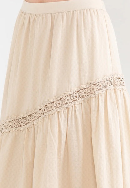 ELLE Apparel Elastic Waist Floral Trim Midi Skirt