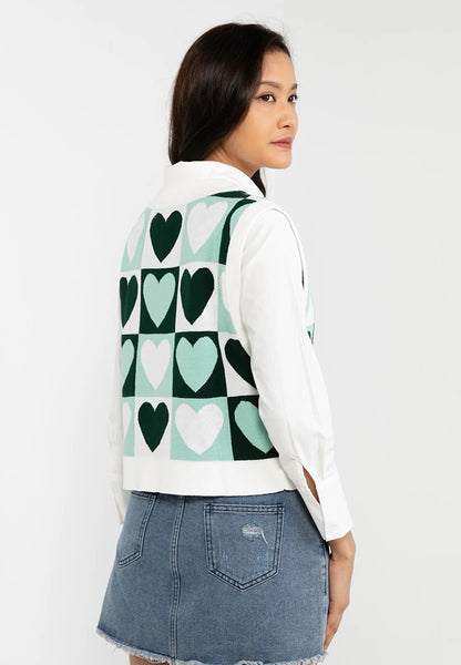 VOIR JEANS Love Vibes Collection : Heart Shape Button & Checkered Knit Cardigan
