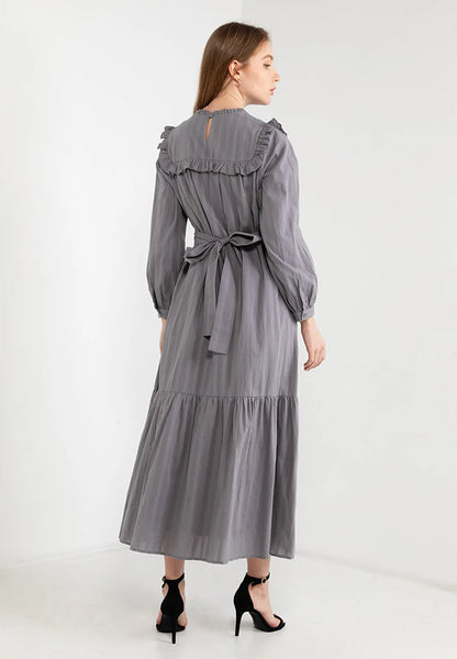 ELLE Apparel Belted Ruffle Trimmed Maxi Dress