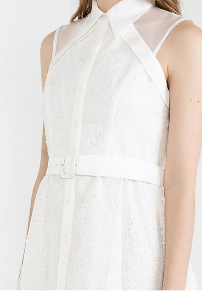 ELLE Apparel Collar Belted Blossom Lace Organza Midi Dress