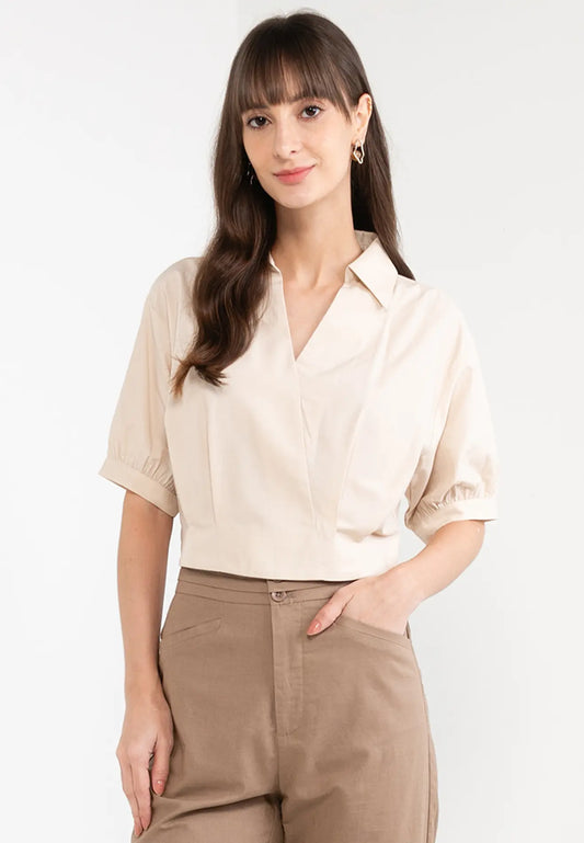 ELLE Apparel V-Neck Collared Crop Blouse