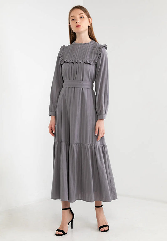 ELLE Apparel Belted Ruffle Trimmed Maxi Dress